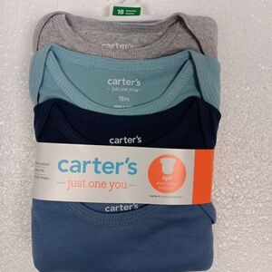 Carters Bodysuit (x4) Short Sleeve 18M Blue Gray Babysoft Cotton Snaps NWT
